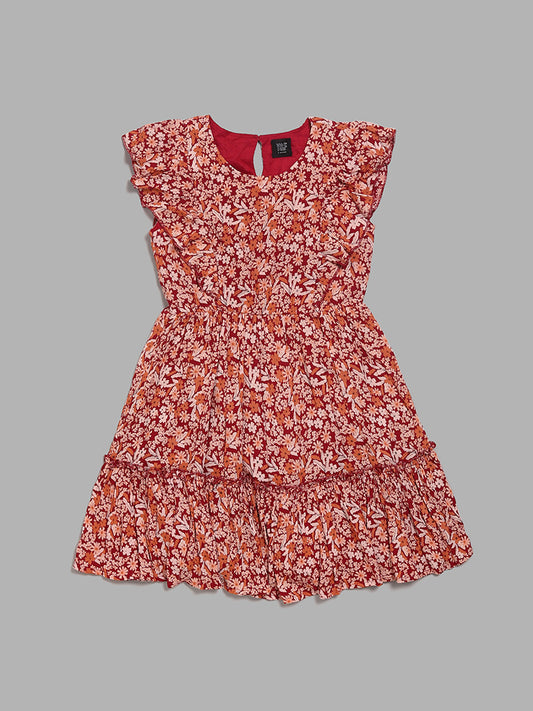 Y&F Kids Maroon Ditsy Floral Printed Tiered Dress