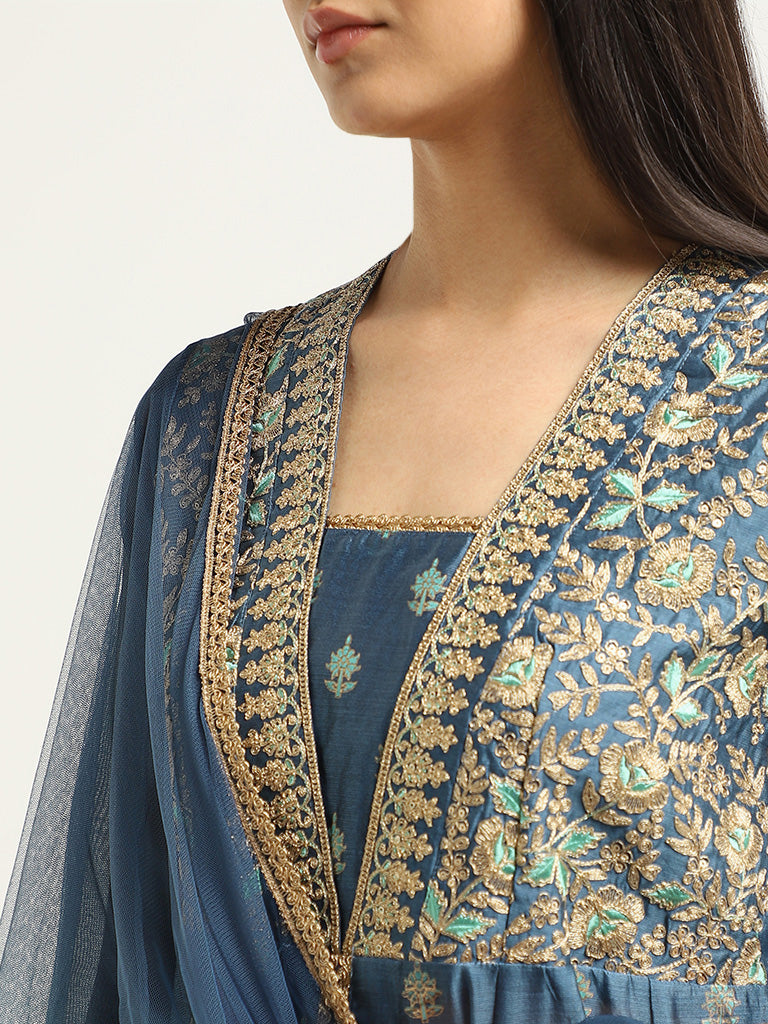 Vark Blue Zardozi Embroidered Cotton Blend Kurta with Skirt and Dupatta