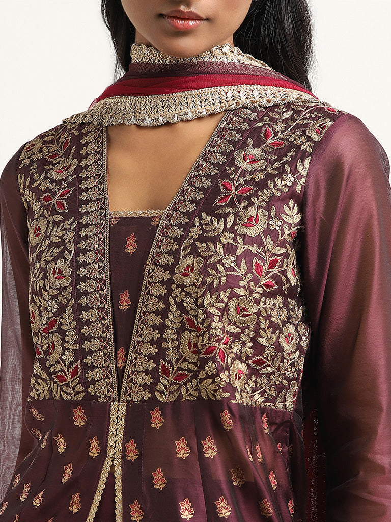 Vark Purple Embroidery Kurta, Skirt & Dupatta Set