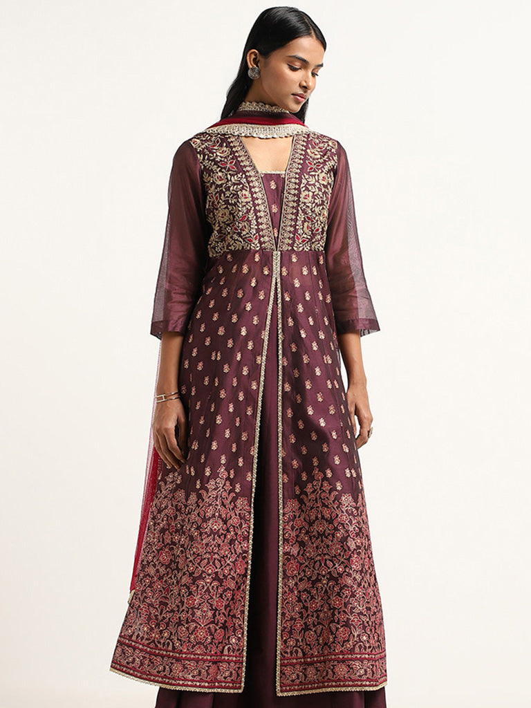Vark Purple Embroidery Kurta, Skirt & Dupatta Set