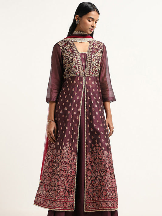 Vark Purple Embroidery Cotton Blend Kurta, Skirt and Dupatta Set