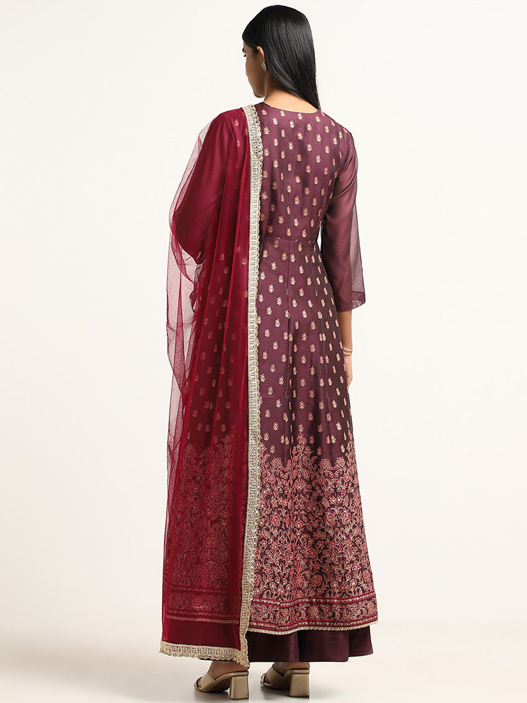 Vark Purple Embroidery Kurta, Skirt & Dupatta Set
