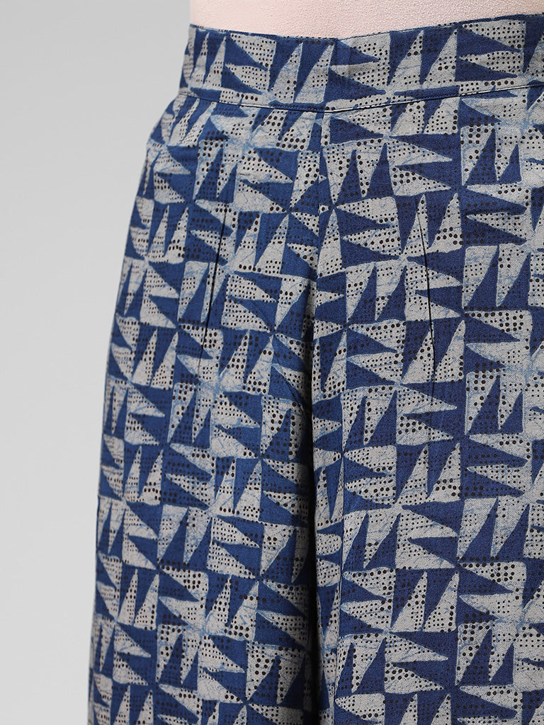 Utsa Indigo Geometric Printed Wide-Leg Pants