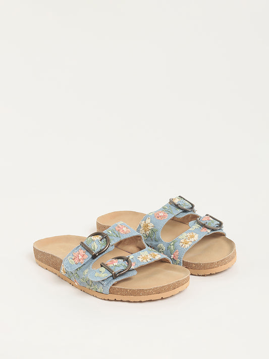LUNA BLU Blue Embroidered Double Band Sandals