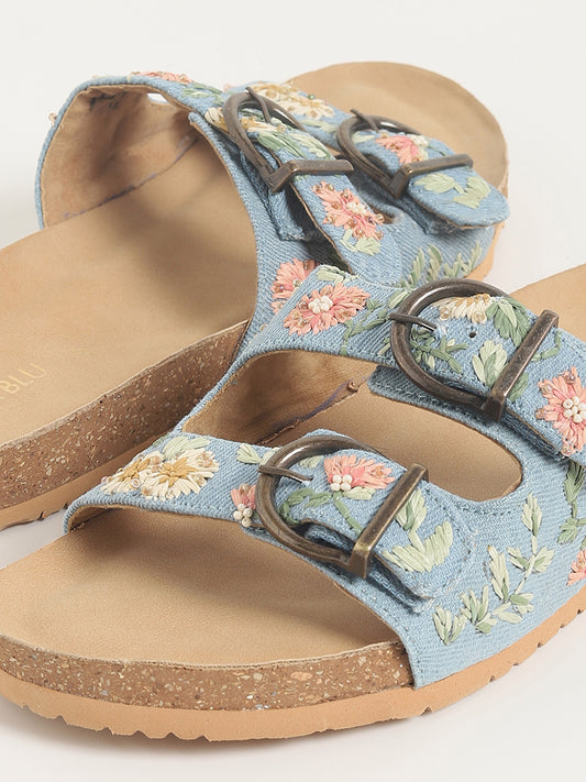 LUNA BLU Blue Embroidered Double Band Sandals