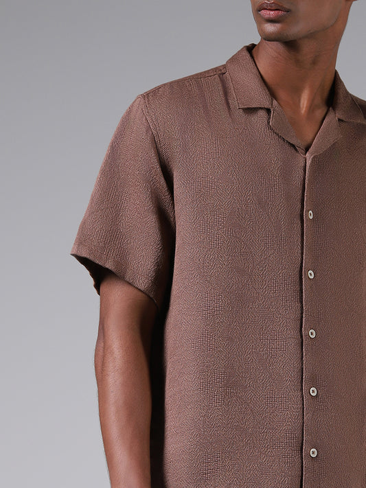 ETA Chocolate Brown Floral Embroidered Relaxed Fit Shirt