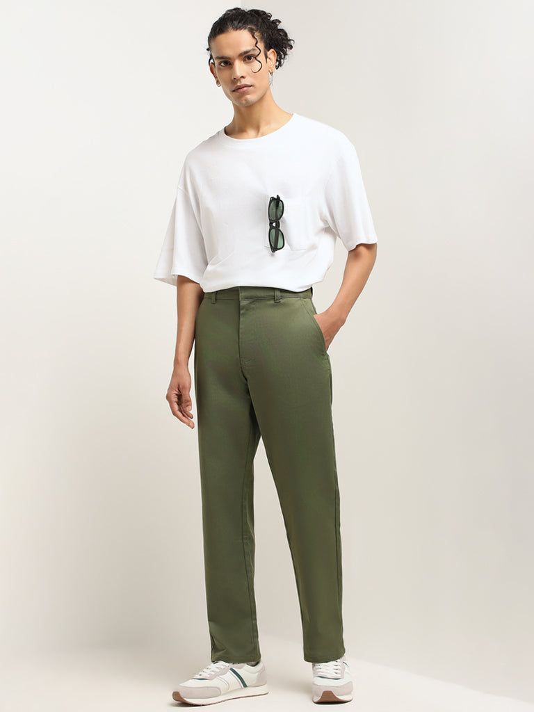 Nuon Green Plain Relaxed Fit Trousers