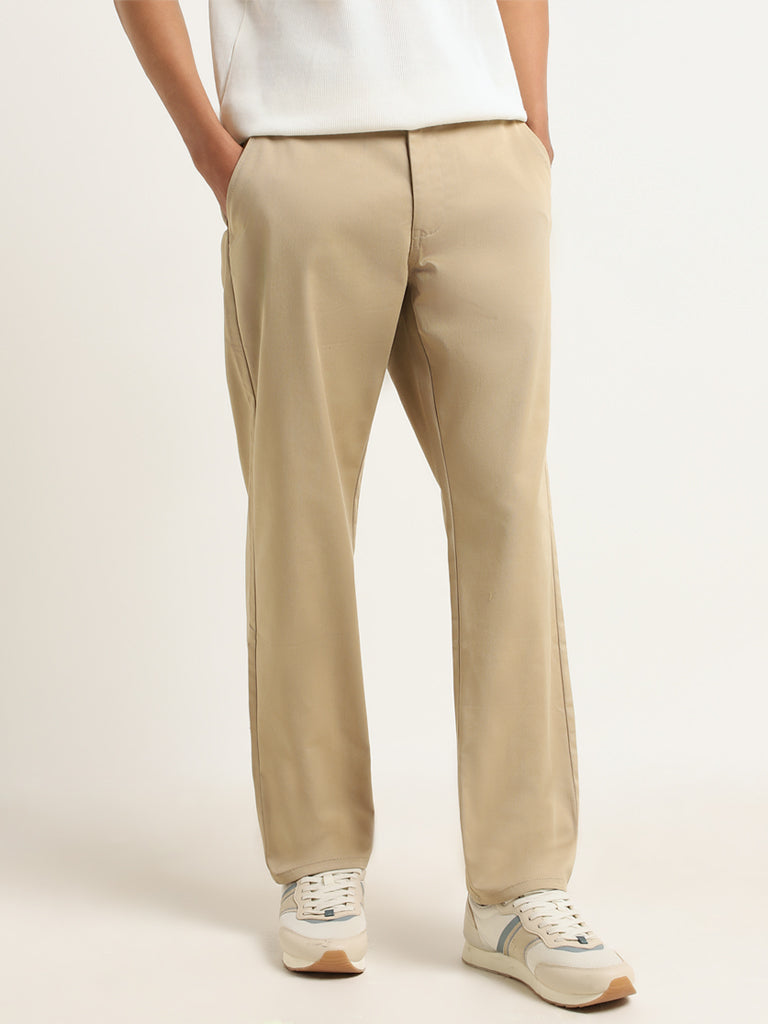 Nuon Beige Plain Relaxed Fit Trousers