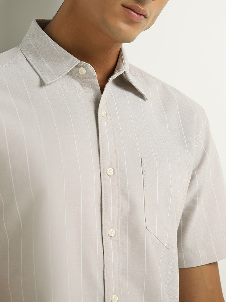 WES Casuals Beige Striped Cotton Relaxed Fit Shirt