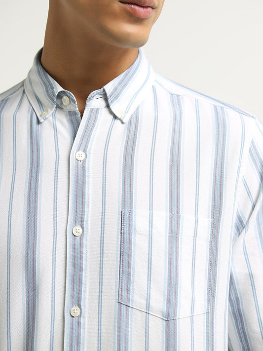 WES Casuals Light Blue Striped Slim Fit Shirt
