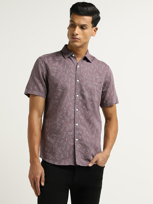 WES Casuals Purple Printed Slim Fit Blended Linen Shirt