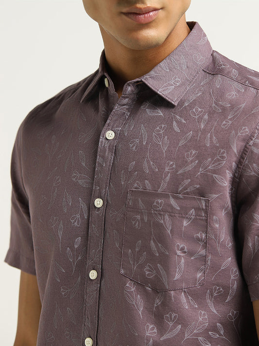 WES Casuals Purple Printed Slim Fit Blended Linen Shirt