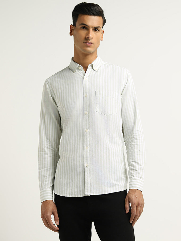 WES Casuals Light Green Striped Slim Fit Shirt