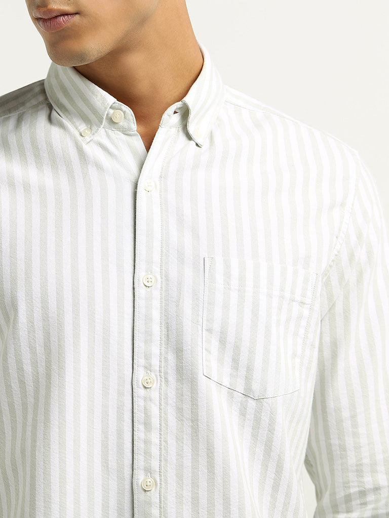 WES Casuals Light Green Striped Slim Fit Shirt