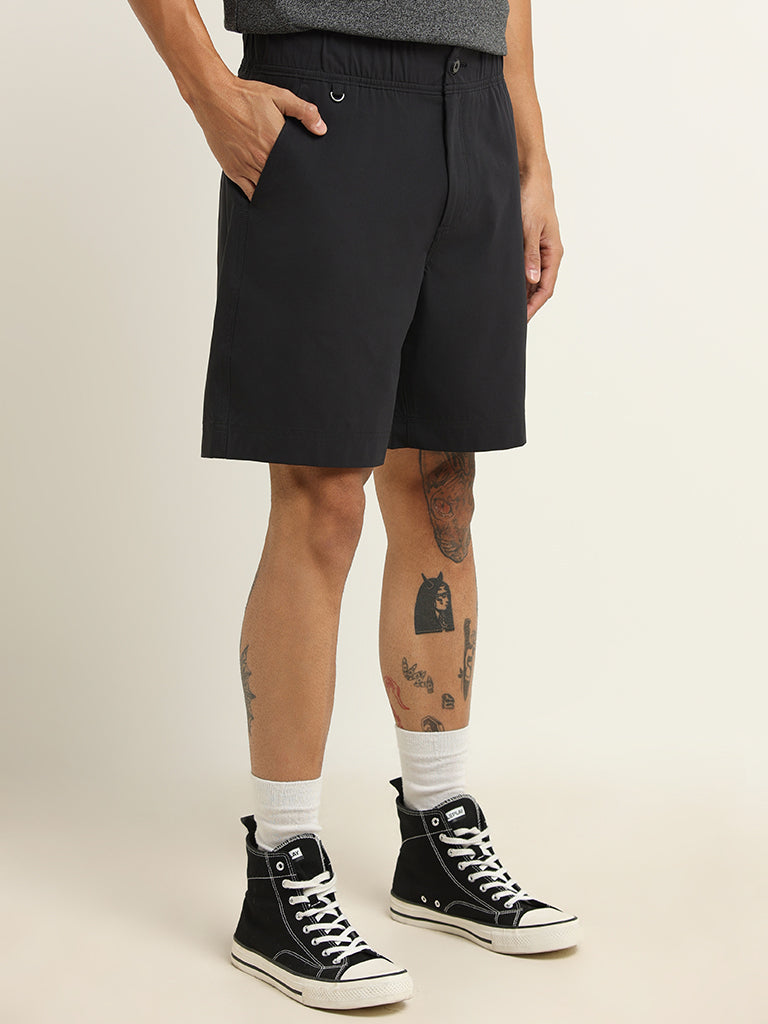 WES Casuals Black Plain Relaxed Fit Shorts