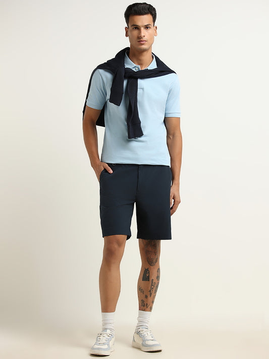 WES Casuals Blue Plain Cotton Blend Relaxed Fit Shorts