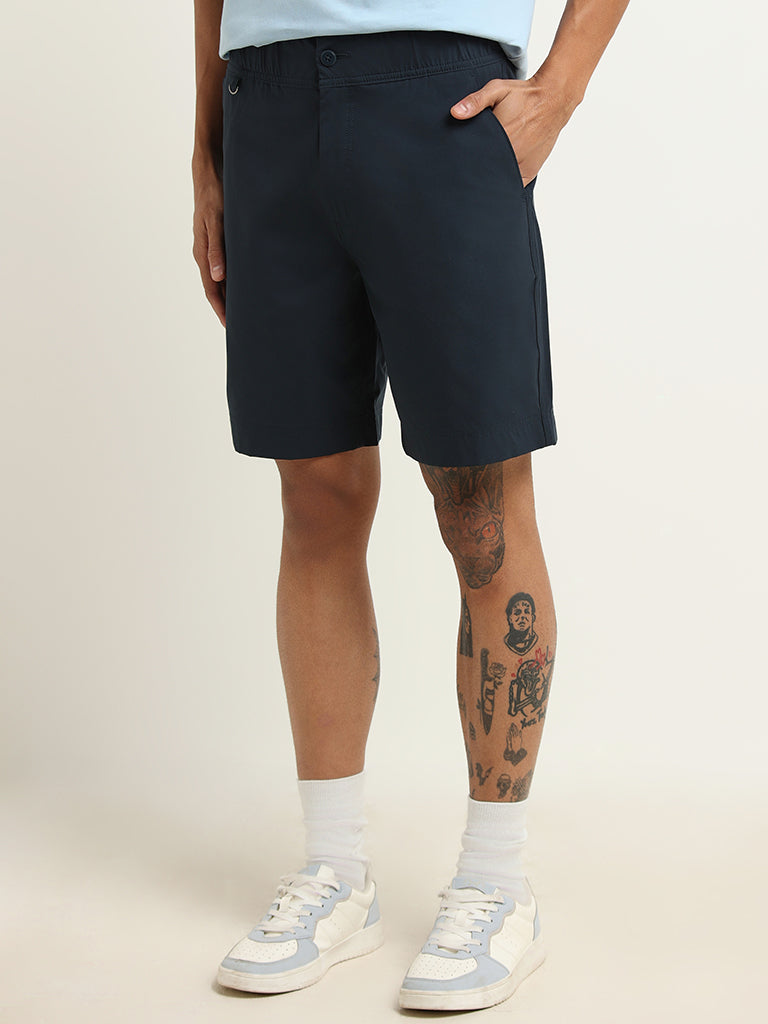 WES Casuals Blue Plain Relaxed Fit Shorts