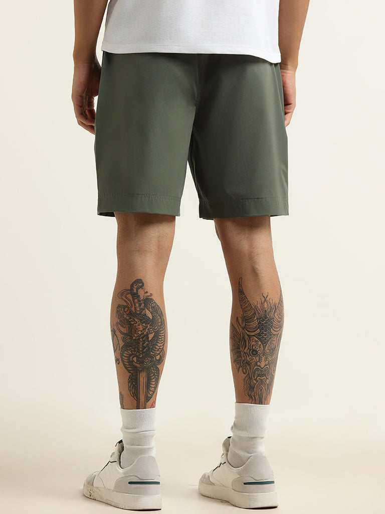 WES Casuals Green Plain Relaxed Fit Shorts