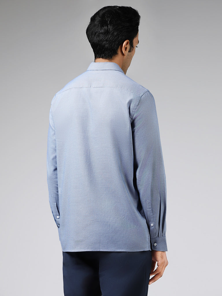 WES Formals Blue Self-Patterned Cotton Slim Fit Shirt