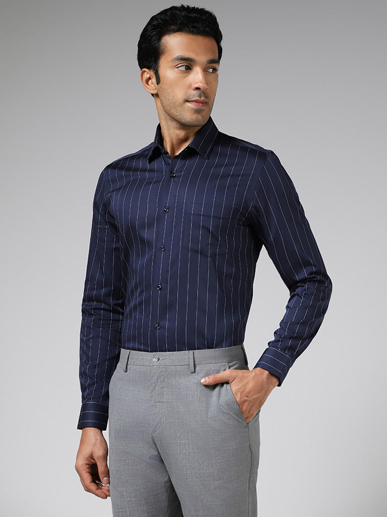 WES Formals Navy Striped Cotton Slim Fit Shirt