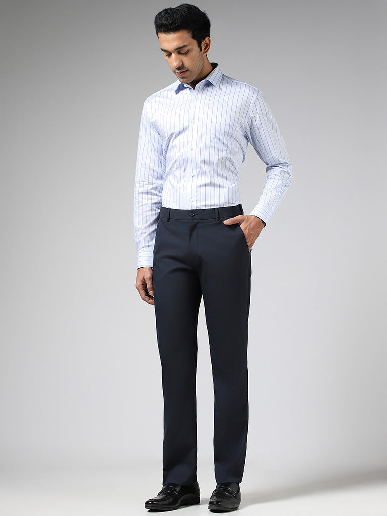 WES Formals Blue Striped Relaxed Fit Shirt