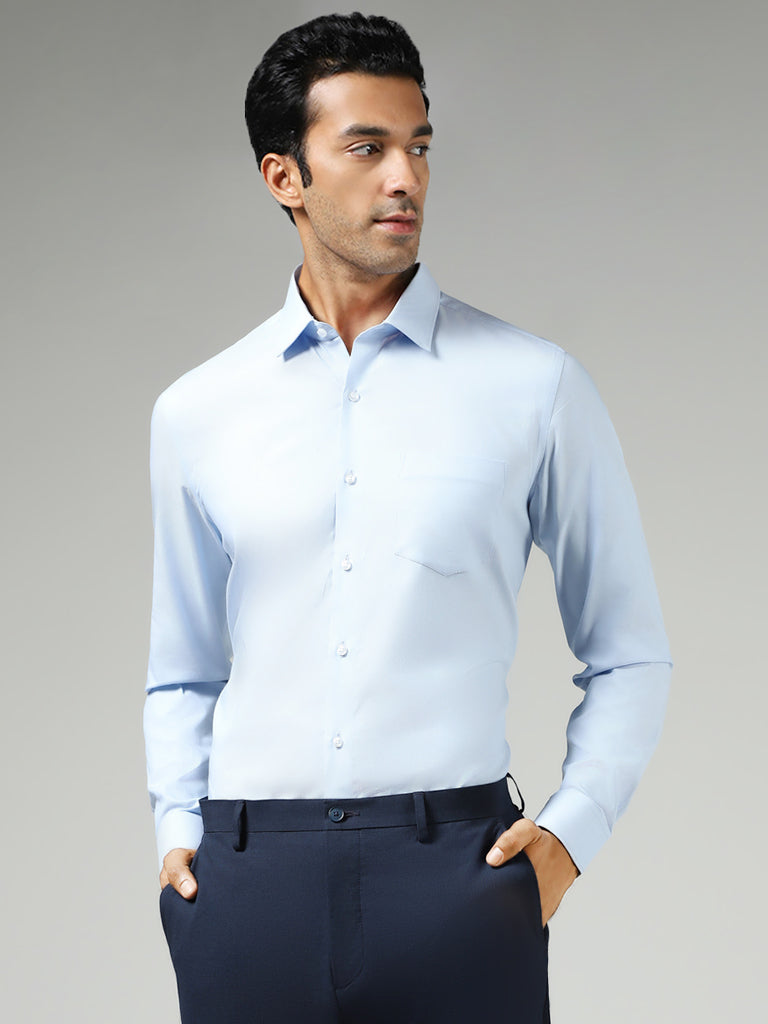 WES Formals Plain Blue Slim Fit Shirt