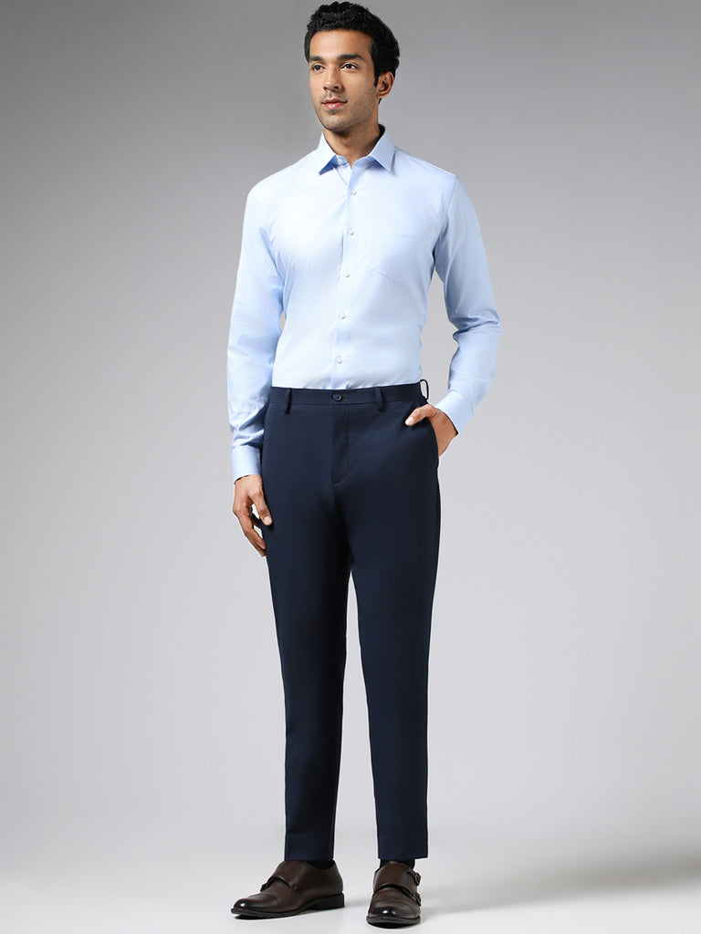 WES Formals Plain Blue Cotton Slim Fit Shirt