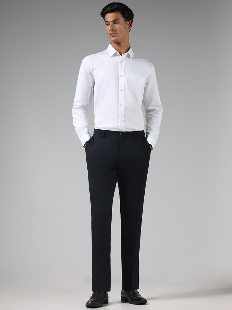 WES Formals Navy Checks Slim Fit Trousers