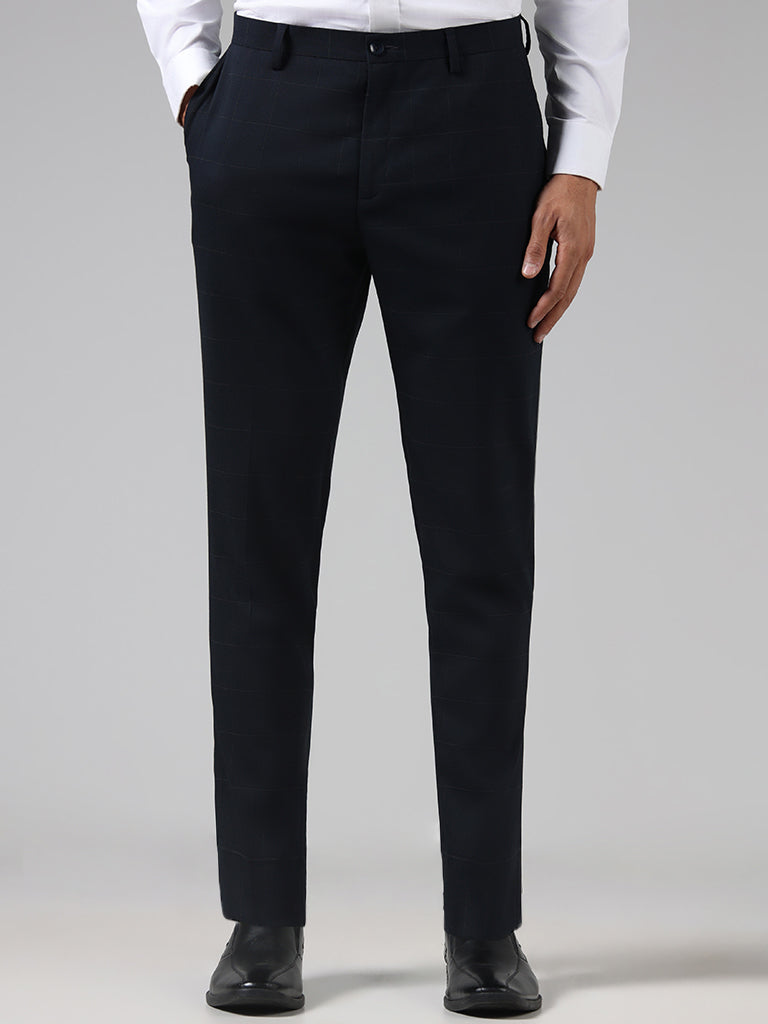 WES Formals Navy Checks Slim Fit Trousers