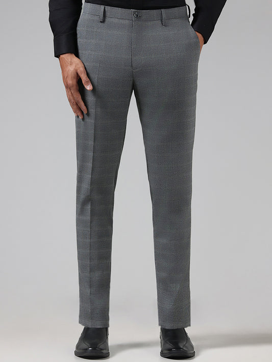 WES Formals Grey Checked Slim Tapered Fit Trousers