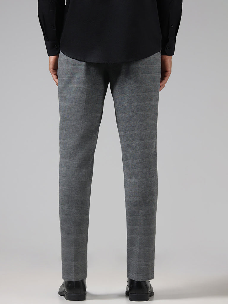 WES Formals Grey Checked Slim Tapered Fit Trousers