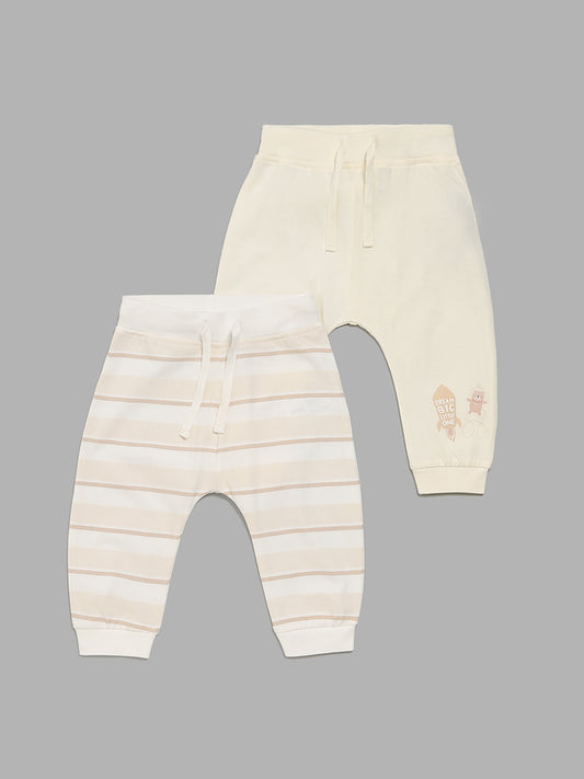 HOP Baby Beige Printed & Striped Pants - Pack of 2