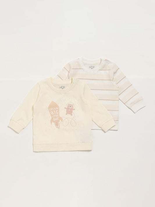 HOP Baby Printed & Striped Beige T-Shirt - Pack of 2