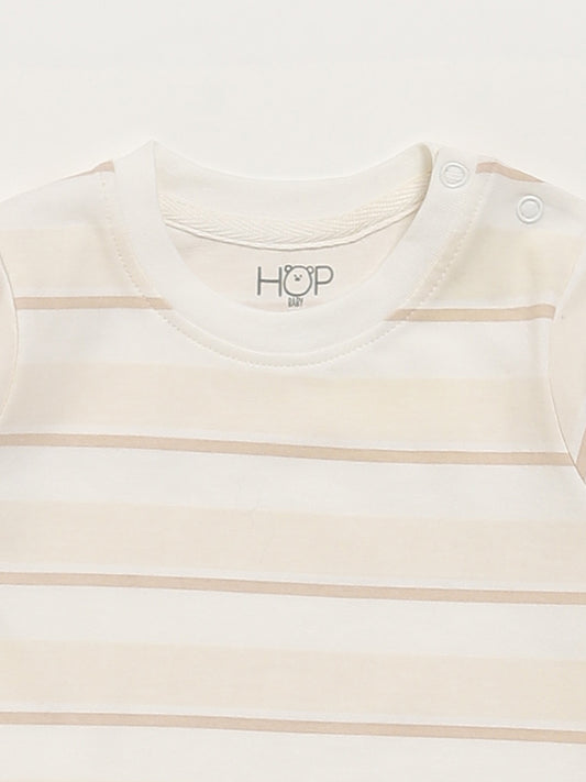 HOP Baby Printed & Striped Beige T-Shirt - Pack of 2