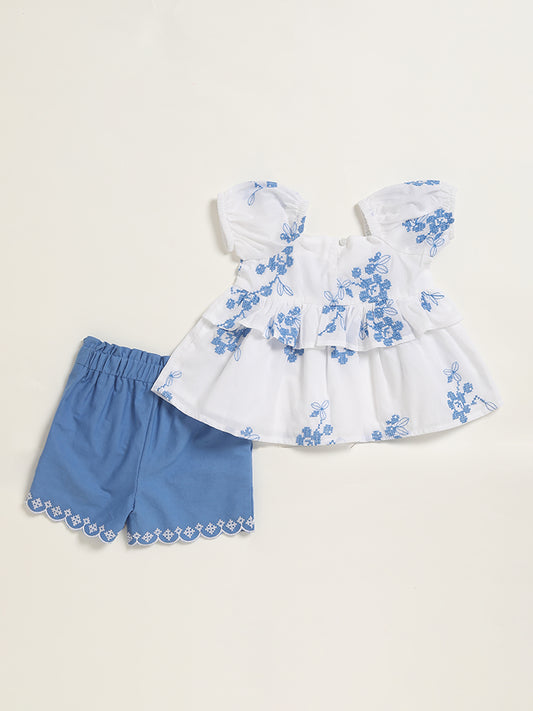 HOP Baby White & Blue Floral Printed Top with Shorts