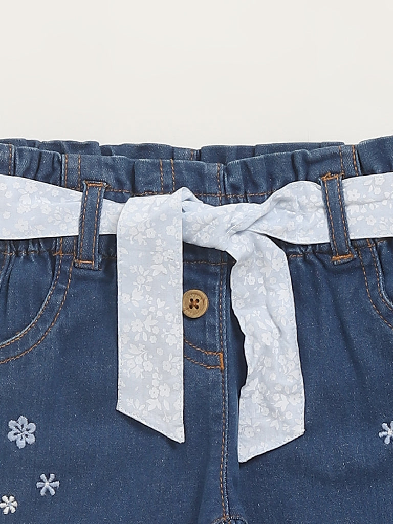 HOP Baby Blue Embroidered Denim Jeans with Belt