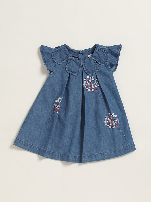 HOP Baby Blue Denim Embroidered Dress