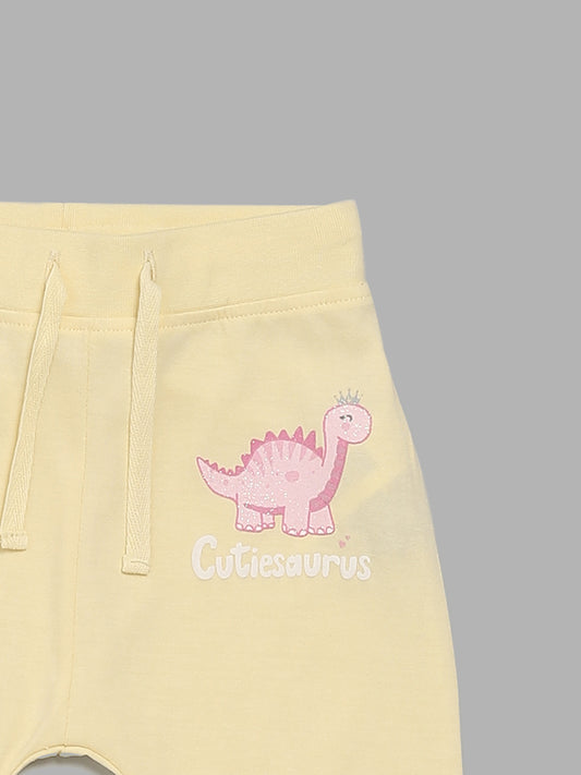 HOP Baby Pink & Yellow Dino Printed Pants - Pack of 2