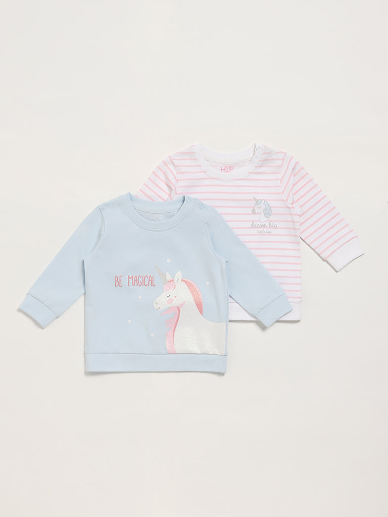 HOP Baby Blue & Pink Unicorn Printed T-Shirt - Pack of 2