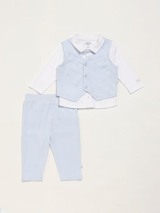 HOP Baby Embroidered Blue Shirt, Waistcoat & Trousers Set