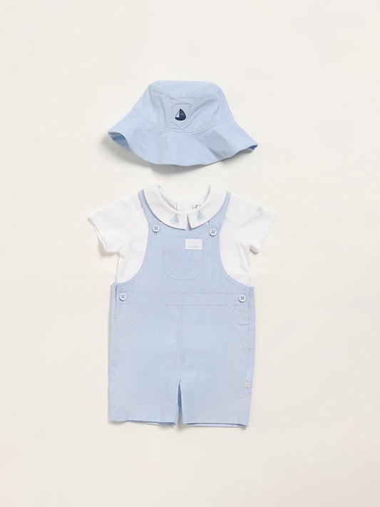 HOP Baby Blue Dungaree, T-Shirt & Hat Set