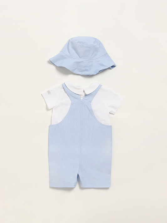 HOP Baby Blue Dungaree, T-Shirt & Hat Set