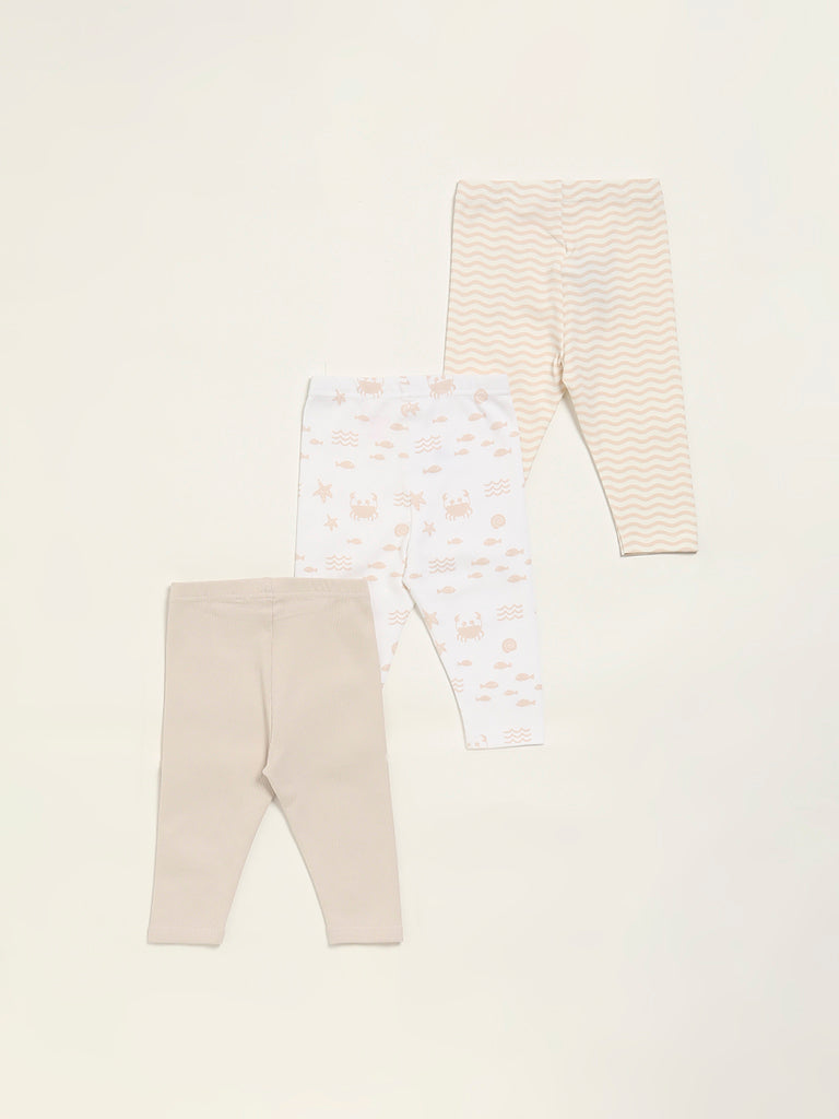 HOP Baby Beige Printed Pants - Pack of 3
