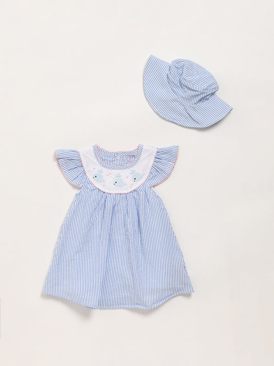 HOP Baby Blue Printed Dress with Cap