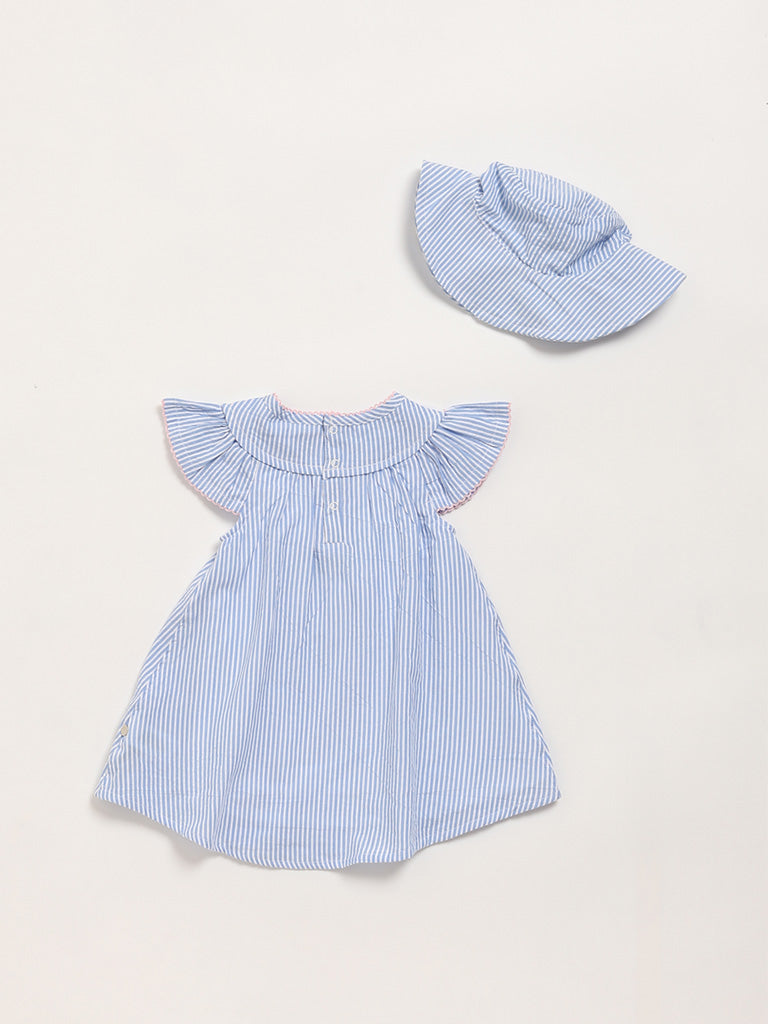 HOP Baby Blue Printed Dress with Cap