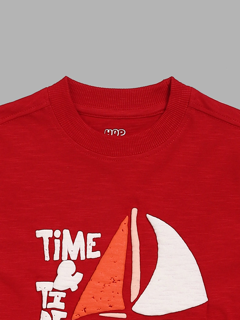 HOP Kids Boat Printed Red T-Shirt