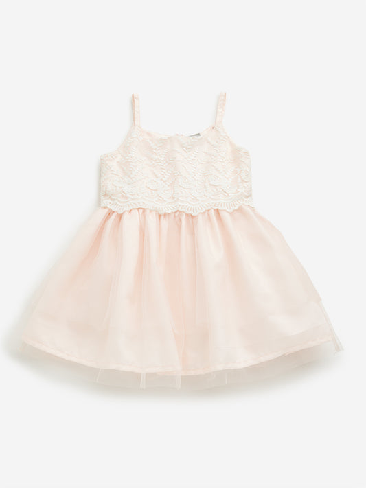 HOP Kids Peach Floral Embroidered A-Line Dress