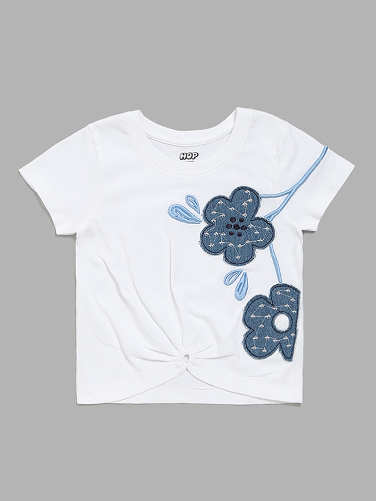 HOP Kids Blue Embroidered White T-Shirt