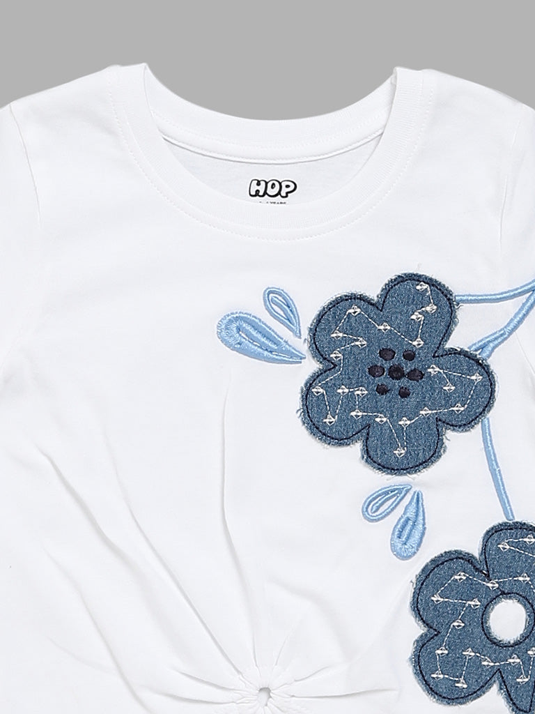 HOP Kids Blue Embroidered White T-Shirt