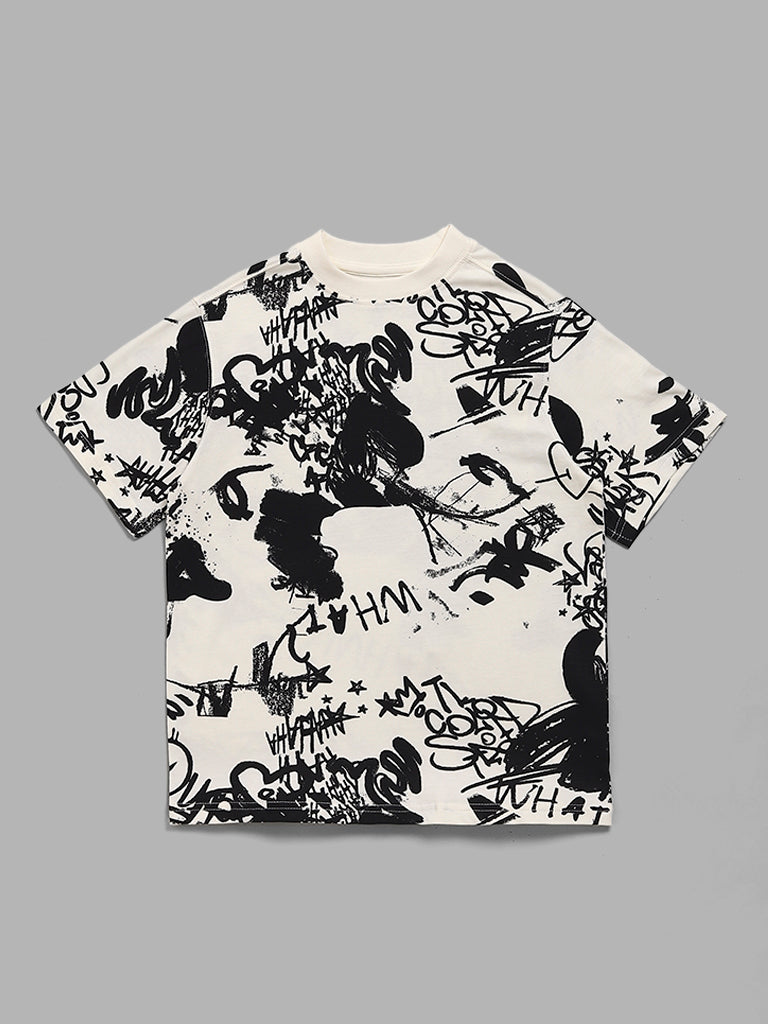 Y&F Kids Off White & Black Abstract Printed T-Shirt